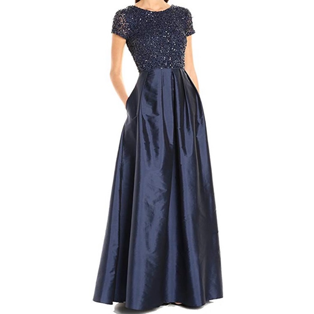 Adrianna Papell Navy Beaded Cap Sleeve Gown